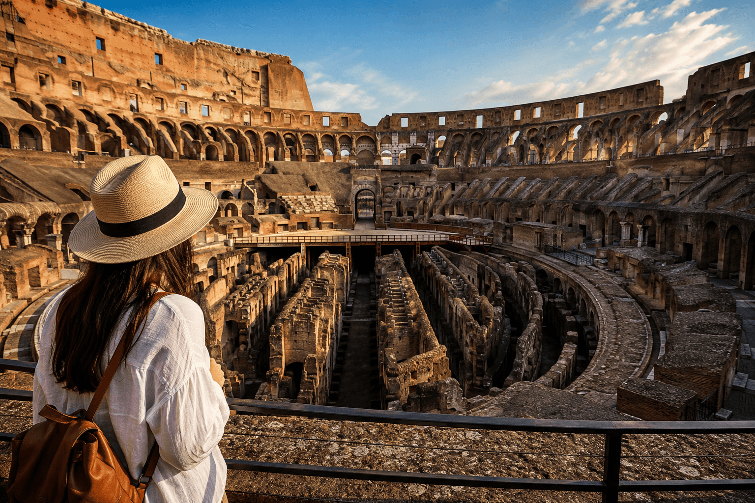 Visitor overlooking the Colosseum Underground hypogeum and ancient arena ruins in Rome.