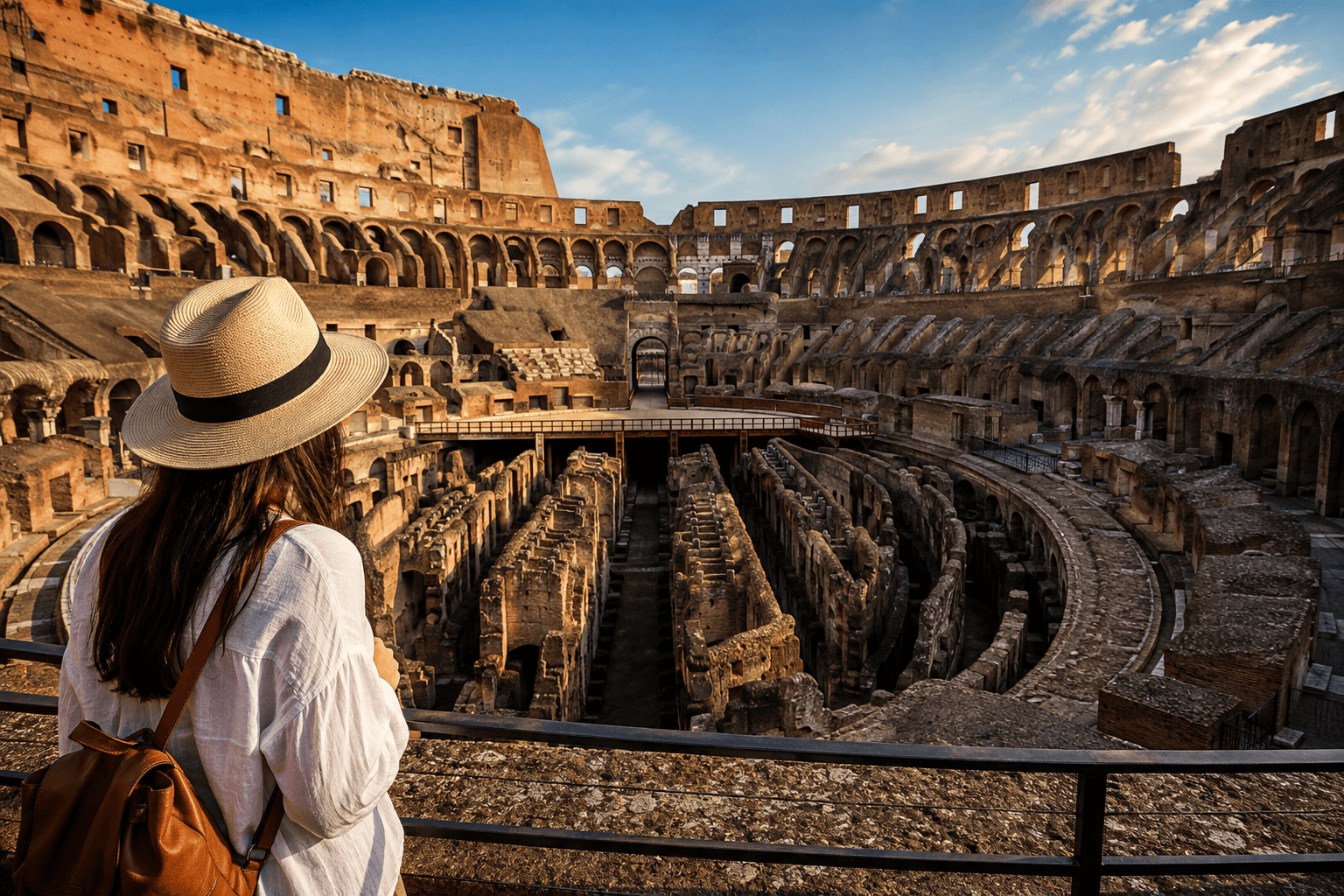 Visitor overlooking the Colosseum Underground hypogeum and ancient arena ruins in Rome.