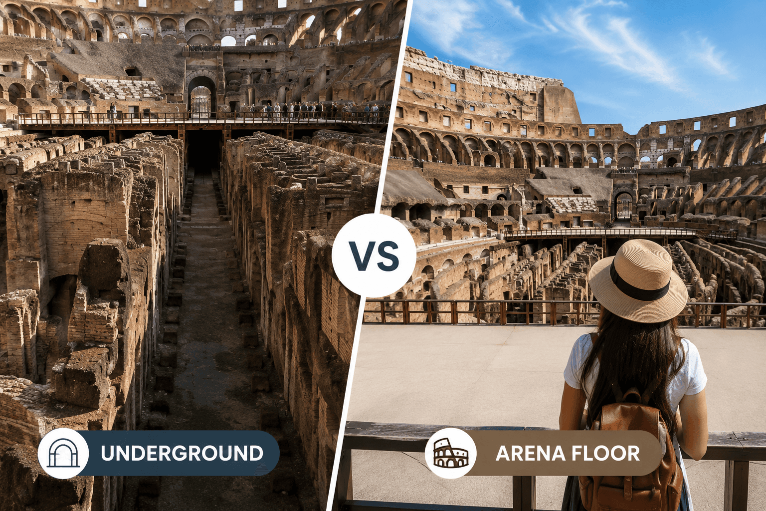 Colosseum Underground hypogeum and Arena Floor in Rome showing the two restricted-access areas.